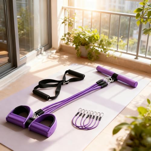 Upgrade 4-Tube Pedal Ankle Puller Resistance Bands with Two Extra Handles,Pedal Puller Resistance Band with Handle for Home Gym,Yoga & Pilates,Ideal to Tone Arms,Abs,Waist Unisex