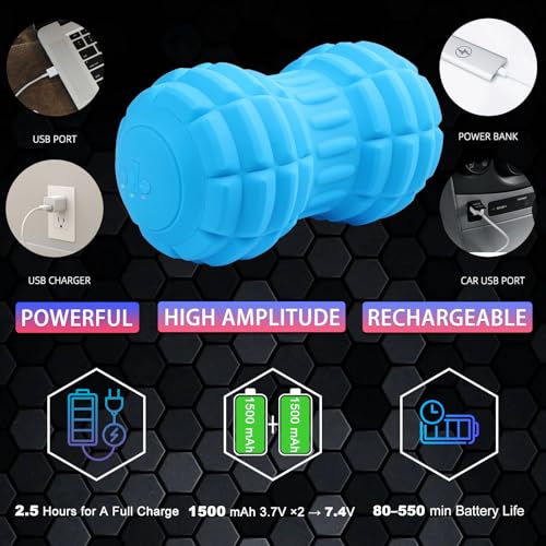 Vibrating Peanut Massage Ball – Back, Neck, Hip, Calf, Leg & Foot Muscle Roller, Trigger Point Massage Ball for Deep Tissue Myofascial Release, Silicone Shell, 4-Speed (Blue)