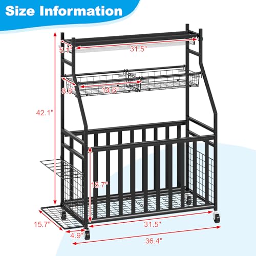 Jsskeeim Garage Sports Equipment Organizer,Sports Ball Organizer with Wheels,Mesh Pocket, Basket,Ball Organizer with Baseball Bat Rack and HooksToy Storage Rolling Cart-Black - style: 01