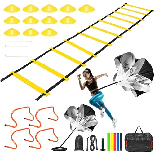 Agility Ladder Speed Training Equipment Set-4 Agility Hurdles, 20 feet12 Rungs Speed Ladder,12 Disc Cones,Resistance Parachute, Jump Rope, 5 Resistance Bands,Basketball Football Soccer Training
