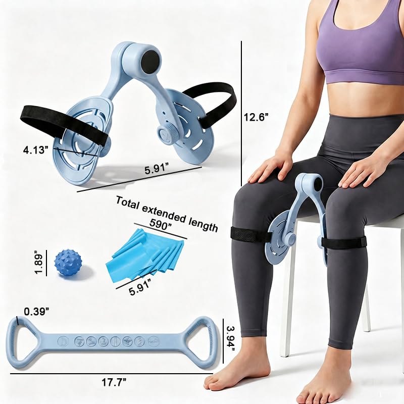 Thigh Trainer for Men & Women,360°Adjustable Pelvic Floor Muscle Trainer, Inner Thigh Exerciser with Massage Ball Set,Resistance Bands for Working Out,Home Fitness Equipment for Hip, Leg, Arm (Blue)