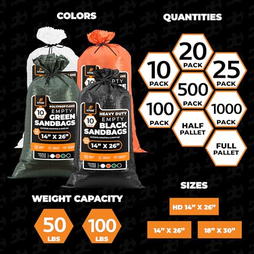 Xpose Safety Heavy Duty Sand Bags with Tie Strings – Empty Woven Polypropylene Sandbags for Hurricane Flood Protection, 100 lb Capacity, 14" x 26", Black, Pack of 10 - color: Black, size: 10 Sandbags