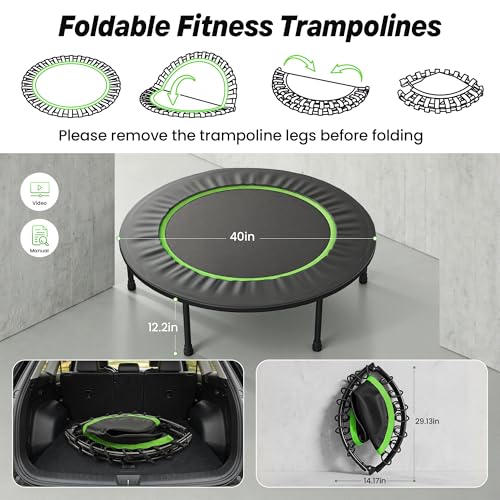 Steelite 40" Foldable Mini Fitness Trampoline, 10MM Thickened Bungee Rebounder Trampoline for Adults, 330LBS Capacity - Quiet & Stable, Indoor Outdoor Jumping Exercise Equipment