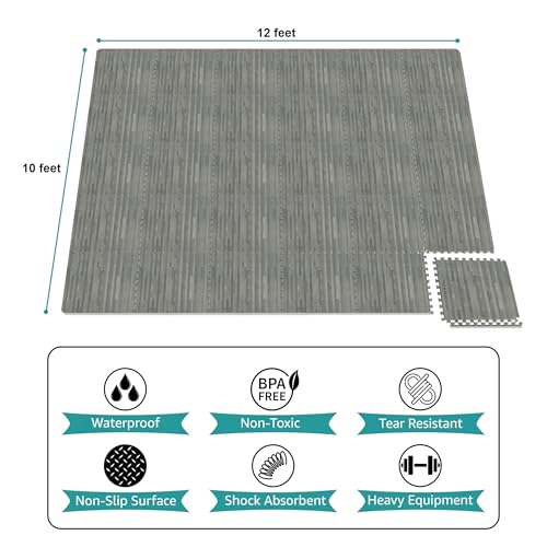 Sorbus 120 Sq. Ft. Wood Grain Floor Tiles Foam Mat EVA Interlocking Mats Tile 3/8-Inch Thick Flooring Wood Puzzle Exercise Mats w/Borders - Home Playroom Basement, Apartment, Trade Show, Baby, Dance