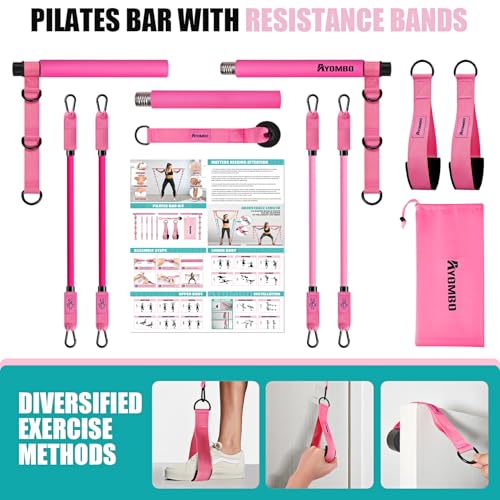Pilates Bar Kit with Resistance Bands, Pilates Workout Equipment for Legs, Hip, Waist, Arm, Squats Exercise Equipment for Home Workouts, Adjustable 3-Section Pilates Bar Kit for Women & Men