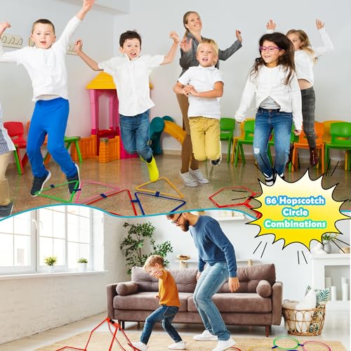 4 Set Hopscotch Ring Game with Connectors Obstacle Course Outdoor Indoor for Kids Fun Squares Round Triangular Hexagonal Agility Training Rings Playground for Girls Boys