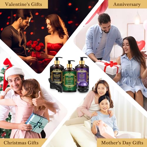 3 Pack Massage Oil for Massage Therapy, Lavender Oil for Relaxation, Sore Muscle Arnica Oil & Cellulite Massage Oil, with Massage Roller Ball & Thumb Saver Tool, Massage Kit for Him Her