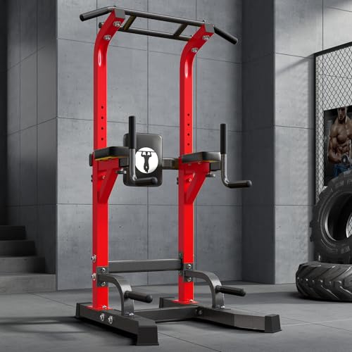 SogesHome Multifuntional Power Tower Pull Up Bar Dip Station for Home Gym - color: Red