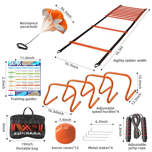 Agility Ladder Speed Training Equipment Set with 20ft Agility Ladder,4 Hurdles,12 Cones,Jump Rope,Running Parachute-Ideal Training Equipment for Kids Youth Adults in Soccer Football Basketball