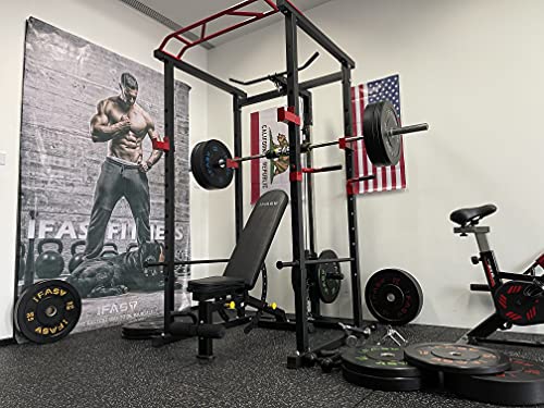 Power Cage 1000-Pound Capacity Exercise Stand Olympic Squat Cage Power Rack with LAT Pull-Down Attachment, Multi-Grip Pull-up Bar and Dip Handle for Men Women Strength Training Home Gym Equipment