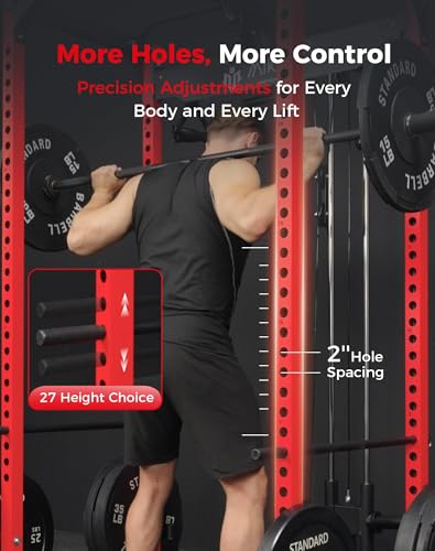 Mikolo F4 2.0 Power Cage with Dual-Track Smooth Pulley System, 1200LBS Power Rack with Leg Hold-Down for Heavy LAT Pulldowns - color: Red, size: F4 2.0 (with Bench&Bar)