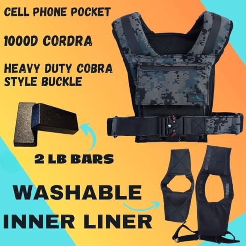 Adjustable Weighted Vest W/ Removable Iron Bars - 26lb Weight Vest For Men & Women W/Washable Liner & Cobra Style Buckle | 1000D Strength Training Workout Vests For Body Weight, Running, Walking & Crossfit Workout