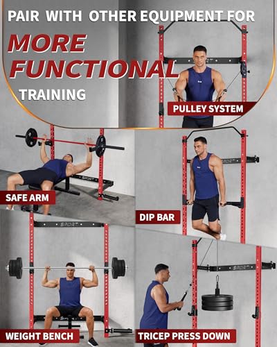 Folding Squat Rack Wall Mounted, 1000LBS Foldable Squat Rack for Home Gym and Garage, 2.4x2.4in Thick Steel with Pull Up Bar, J Hooks & Landmine Attachments, Space Saving Home Gym Power Cage