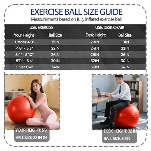 Exercise Ball Pilates Yoga Ball Anti-Burst and Slip Resistant - for Fitness, Pregnancy, Stability, Balance, Core Workout - Red Training Ball w/Pump for Home Office Gym