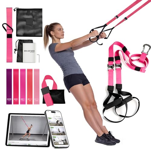 Home Resistance Training Kit - Full Body Workout Equipment with Suspension Straps, Handles & Door Anchor (Pink)