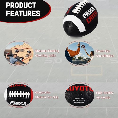 PassCatch Training Football, Peewee Size(Ages 3-9) Kids/Youth (Ages 7-13) Official Size(Ages 13+) Fatherless Bounce Back Leather Football Improving Enhance Solo Passing Catching Skills - color: Black with white circles, size: Mens&Youth Size 9 for Ages 13