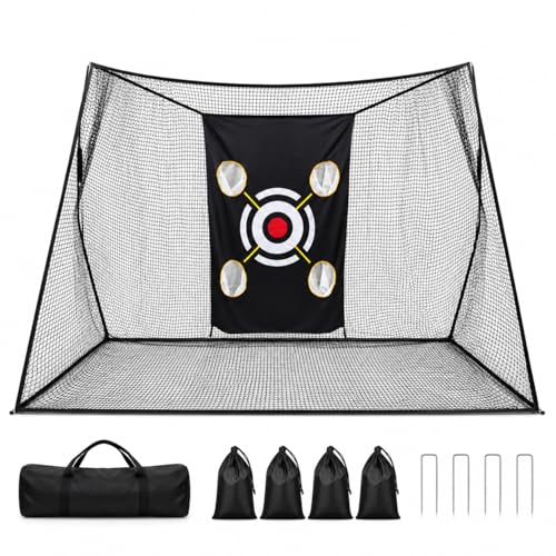 Golf Practice Net 10x7FT for Real Golf Balls, Heavy Duty Backyard Garage Indoor Outdoor Hitting Net with Quiet 4-Pocket Target Cloth, 4 Empty Sandbags, U-Shaped Stakes and Carry Bag