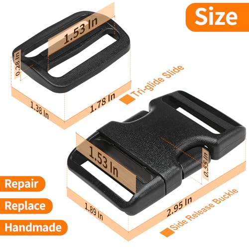 BEYOURD Heavy-Duty Buckles and Strap Set 1-1/2": 6 Yards of Thick Nylon Webbing, 6-Pack Adjustable Quick Side Release Plastic Buckles, 12 Tri-Glide Slide Clips, Black (1-1/2" Combo Set) - style: 1-1/2" Combo Set