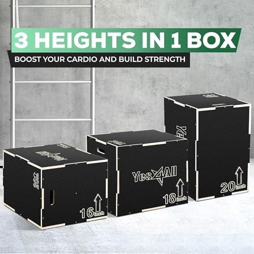 Yes4All 3 in 1 Non-Slip Wooden Plyo Box, Step Up Box for Workout, Plyometric Jump Box for Skipping, Jumping, Lunges, Squats, Dips - color: A. Black, style: 20" x 18" x 16"