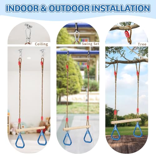 LadyRosian Wooden Trapeze Swing Bar, Adjustable Height Swing Set, Gym Rings, Playground Attachments, 16.5" Monkey Bar for Backyard, Playground, Playroom (Blue) - color: Blue