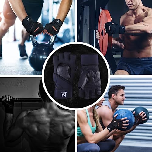 OOZi Fingerless Workout Gloves for Men Women with Wrist Wrap Support for Weight Lifting, Gym, Workout, Exercise, Fitness Training, Durable Genuine Leather Palm Grips