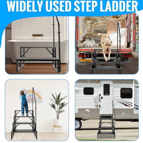 3 Step RV Stairs with Handrail, 660LBS Heavy Duty Anti-Slip Metal Steps, Detachable Outdoor Stairs for Hot Tub/5th Wheel/Pool/Mobile Home - style: 3 Step 1 Handrail