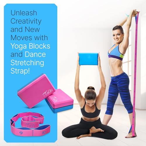 Yoga Blocks 2 Pack with Strap & Guide – Non-Slip EVA Foam Pilates Blocks for Home Workouts, Dance, Ballet, Gymnastics & Stretching Exercise | Ideal Dancer Gifts - color: Pink/Blue & Stretch Band Pink