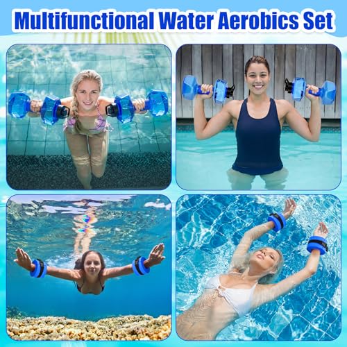 4 Pcs Water Aquatic Exercise Set 2 Ankle Wrist Swimming Weights 2 Water Aquatic Exercise Dumbbells PE Materials Dumbbell Aerobics with Non Slip Handle for Swim Pool Fitness Equipment
