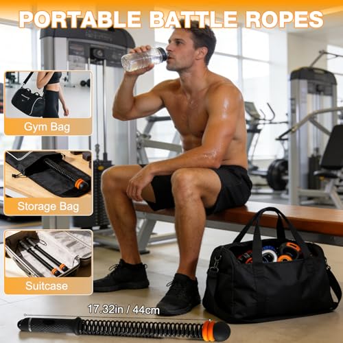 Adjustable Ropeless Battle Rope Trainer, Cordless Spring Fitness Rope for Home & Gym, Heavy Duty Cordless Battle Rope with Storage Bag, Strength & Conditioning (Gray)