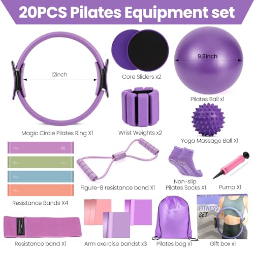 Pilates Kit, 20PCS Pilates Equipment for Home Workouts, Pilates Set for Women with Pilates Ring and Ball Set, Resistance Bands, Massage Ball, Core Sliders for Starters at Gym Studio Travel