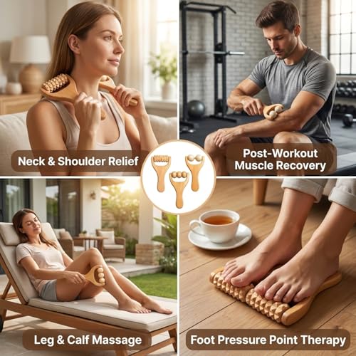 Wooden Massage Roller, Wooden Foot Massager Roller, Three Massage Tools Set for Muscle Relaxation, Handheld Wood Body Roller, Natural Wood Construction with Ergonomic Design