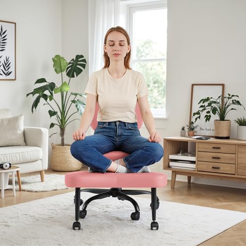Homall Ergonomic Cross Legged Office Desk Chair with Wheels, 360° Swivel and Adjustable Height for Meditation and ADHD,Criss Cross Kneeling Chair with Lumbar Support (Leather, Pink) - color: Pink