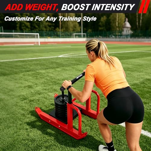Heavy-Duty Adjustable Training Sled, 5-Level Height Adjustment, Push/Pull Dual-Use, Compatible with 1" & 2" Weight Plates, Strength & Speed Training for Soccer, Fitness & Conditioning, All-Ages