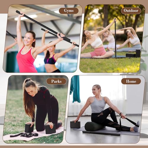 4 Pcs Adjustable Yoga Stick (30/45/60 In) with Exercise Strap Yoga Blocks Exercise Rod Workout Staff 60 Inch Sturdy Carbon Steel Stretching Stick with Non Slip Ends for Physical Pilates