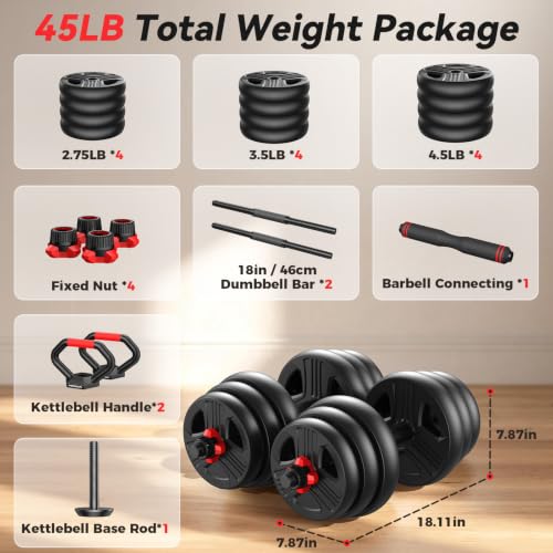 FITPLAM Adjustable dumbbell set,20/35/45/55/70/90lbs Free Weights set with upgraded nut, 5 in 1 Weight Set Used as Kettlebells, Barbell, Push up Stand, Fitness Exercise for Home Gym Suitable Men/Women - style: 45LB Total(22.5LB Each)