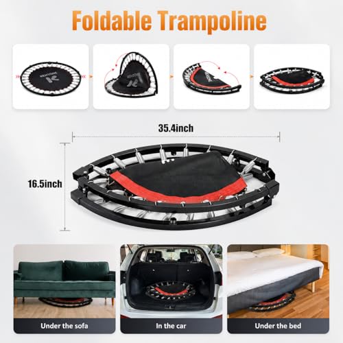 KENSONE 40"/48" Foldable Mini Trampoline, Indoor Trampoline for Kids, Adults Indoor/Garden Workout, Fitness Rebounder with Adjustable Foam Handle, Max Load 330/450 lbs - size: 48"