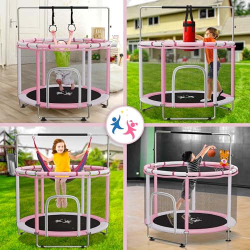 55" Toddler Trampoline for Kids Ages 3–8 – Indoor & Outdoor Kids Trampoline Anti-Tilt Frame, Adjustable Gym Bar, Basketball Hoop, Ocean Balls, Boxing Bag, Hammock & Boxing Gloves