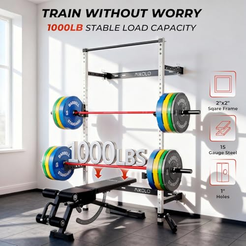 Mikolo 2" x 2" Folding Wall Mounted Squat Rack, 1000 Pounds Capacity Power Rack with Pull Up Bar, J Hooks and Other Attachments, Space-Saving Home Gym - color: White, style: Home Gym Package (230 LBS)