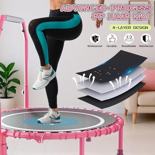 450 LBS Foldable Mini Trampoline for Adults with Adjustable Handle, 40" Indoor Rebounder with Quiet Bungee System, Compact Fitness Trampoline with Cordless Jump Ropes for Home Workout Exercise