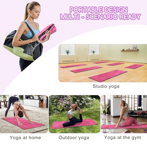 Hot Yoga Mat Towel Set – Non-Slip 600GSM Thickened Microfiber Yoga Mat Cover (70"x25.5") + Hand Towel – Super Absorbent, Skidless Sweat Towel for Hot Pilates, Bikram & Fitness, Dark Pink