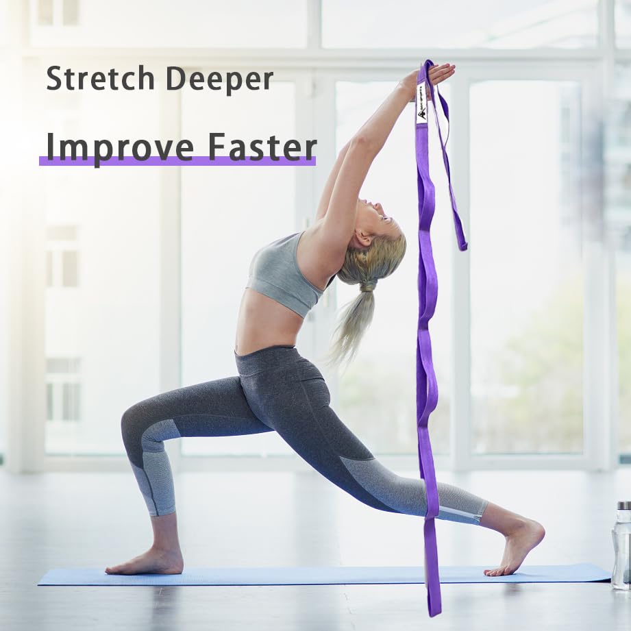Stretching Strap Yoga Strap with Loops, Stretch Straps for Physical Therapy, Non-Elastic Exercise Strap for Pilates, Dance and Gymnastics with Workout Guide - color: Purple