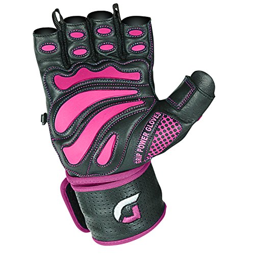 Grip Power Pads Leather Gym Gloves for Women – Built-in 2" Wrist Wraps, Pink Weightlifting, Powerlifting, Bodybuilding Workout