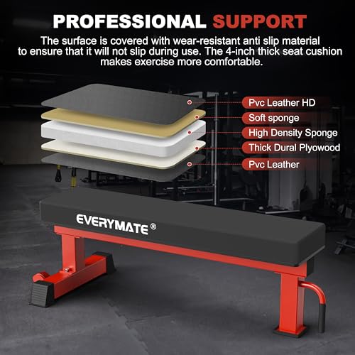 EVERYMATE Flat Bench, 4" Thick HeftyGrip Vinyl Pad, Rated 1,200 LB, Flat Benches for Home Gym & Strength Training, Professional Grade Flat Weight Bench Made of Heavy Duty 3"*3" Tube (Red)