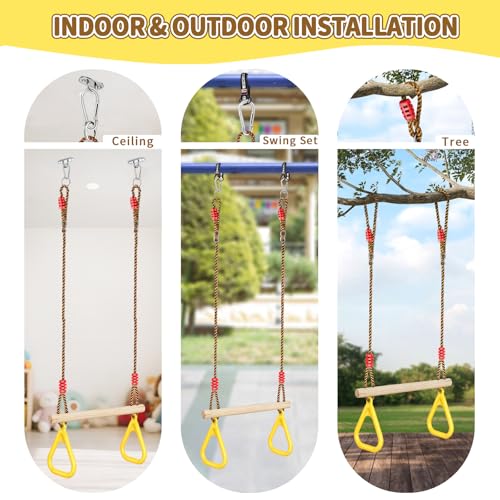 LadyRosian Wooden Trapeze Swing Bar, Adjustable Height Swing Set, Gym Rings, Playground Attachments, 16.5" Monkey Bar for Backyard, Playground, Playroom - color: Yellow