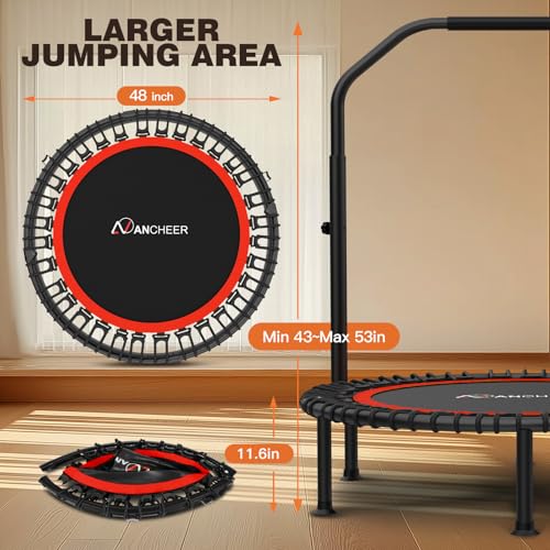 ANCHEER 48" Foldable Rebounder Trampoline for Adults/Kids with Resistance Bands and Bungees, Indoor & Outdoor Mini Trampoline with Bar and Safety Padding - Max Load 450lbs (Deep Red)