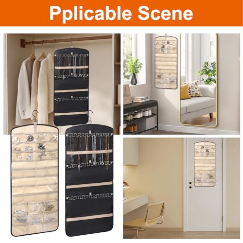 2 Pack Hanging Organizer Storage with 39 Pockets & 30 Hooks, Double Sided Wall Mount Jewelry Display for Earrings, Bracelets, Necklaces, Closet Door (Black, Large)