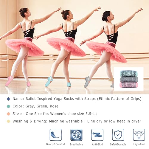 Ozaiic Pilates Socks for Women Non Slip Grip Yoga Barefoot Indoor Workout - color: Grey/Green/Pink