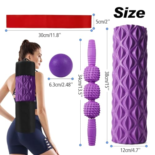 JOYENERGY 5 in 1 Foam Roller Set Trigger Point Foam Roller, Massage Roller Stick, Massage Ball, Stretching Strap for Deep Muscle Massage Pilates Yoga, Fitness Exercise for Whole Body (Purple Diamond)