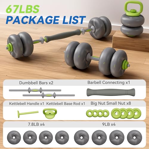 LIFERUN Adjustable Dumbbell Set, Soft PVC Coated, 45lbs/67lbs Free Weight Set Home Gym, 4-in-1 Used As Barbell, Dumbbells, Kettlebell, Weight Plates, Weights Dumbbells Set, Space Saving Fitness Exercise For Men/Women