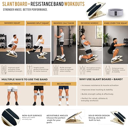 3-in-1 Adjustable Slant Board & Balance Board - Wooden Calf Stretcher and Squat Wedge - 5 Angle Incline Board for Stretching Equipment & Exercise - Includes Resistance Band - (400LBS)